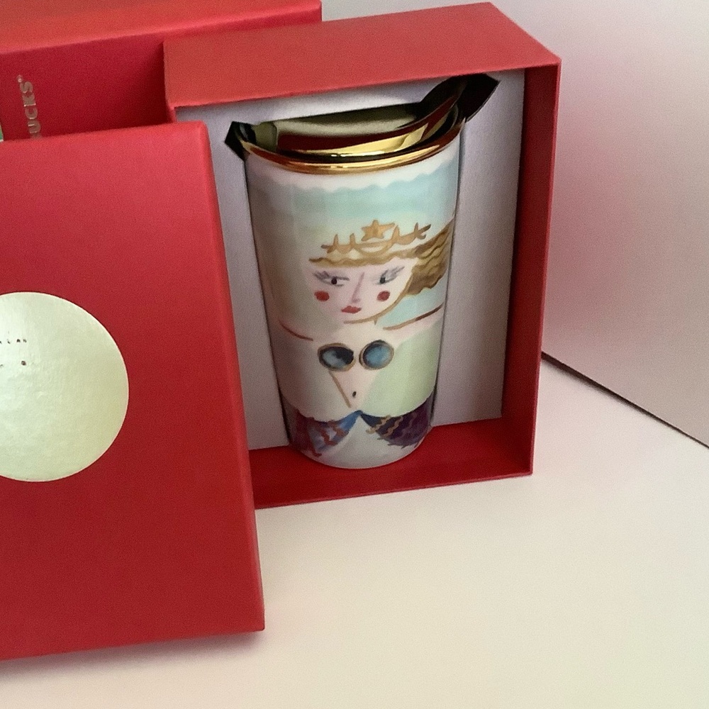 Starbucks Mermaid Siren Ceramic Travel Tumbler Mug Gold Lid 2014 Watercolor new - Picture 10 of 12